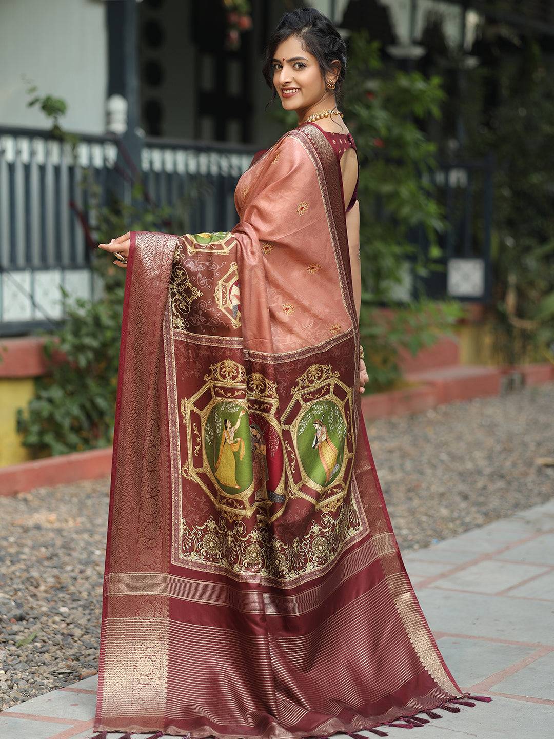 Peach Colour Viscose Dola Silk Saree With Zari Weaving Pallu