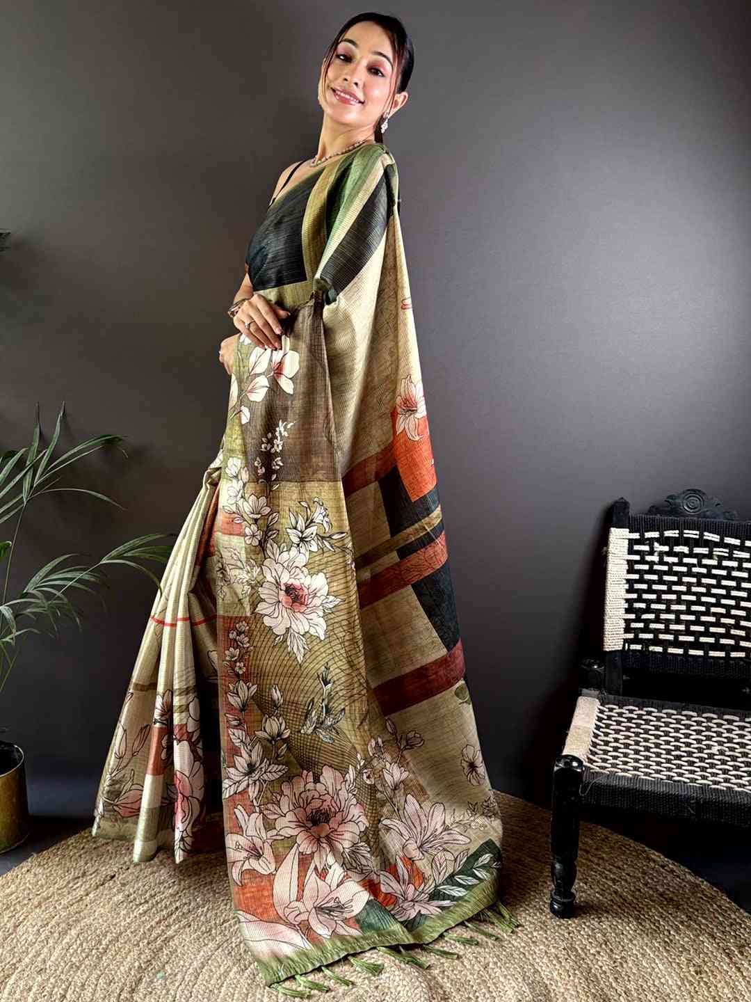 Light Green Tussar Zari Floral Saree