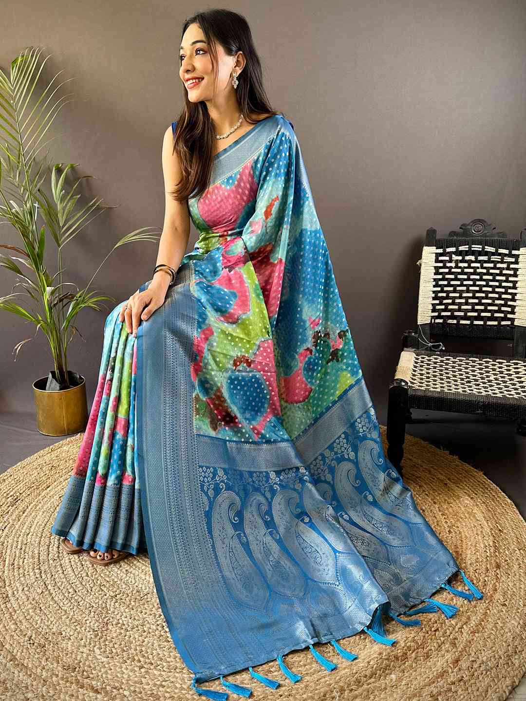 Dark Blue Banarasi Ombre Print Saree