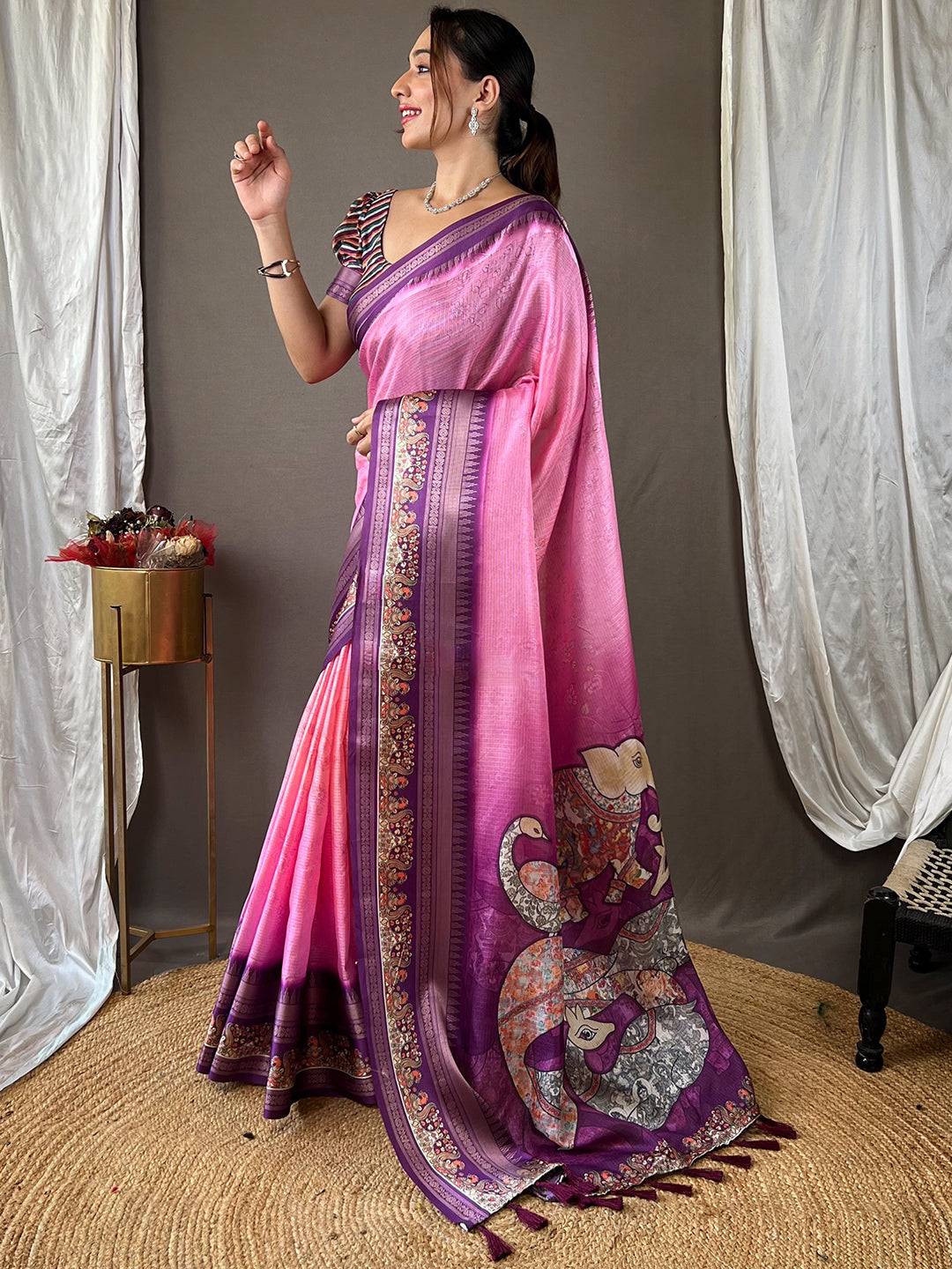 Traditional Dahlia Pink Kota Saree with vibrant patterns