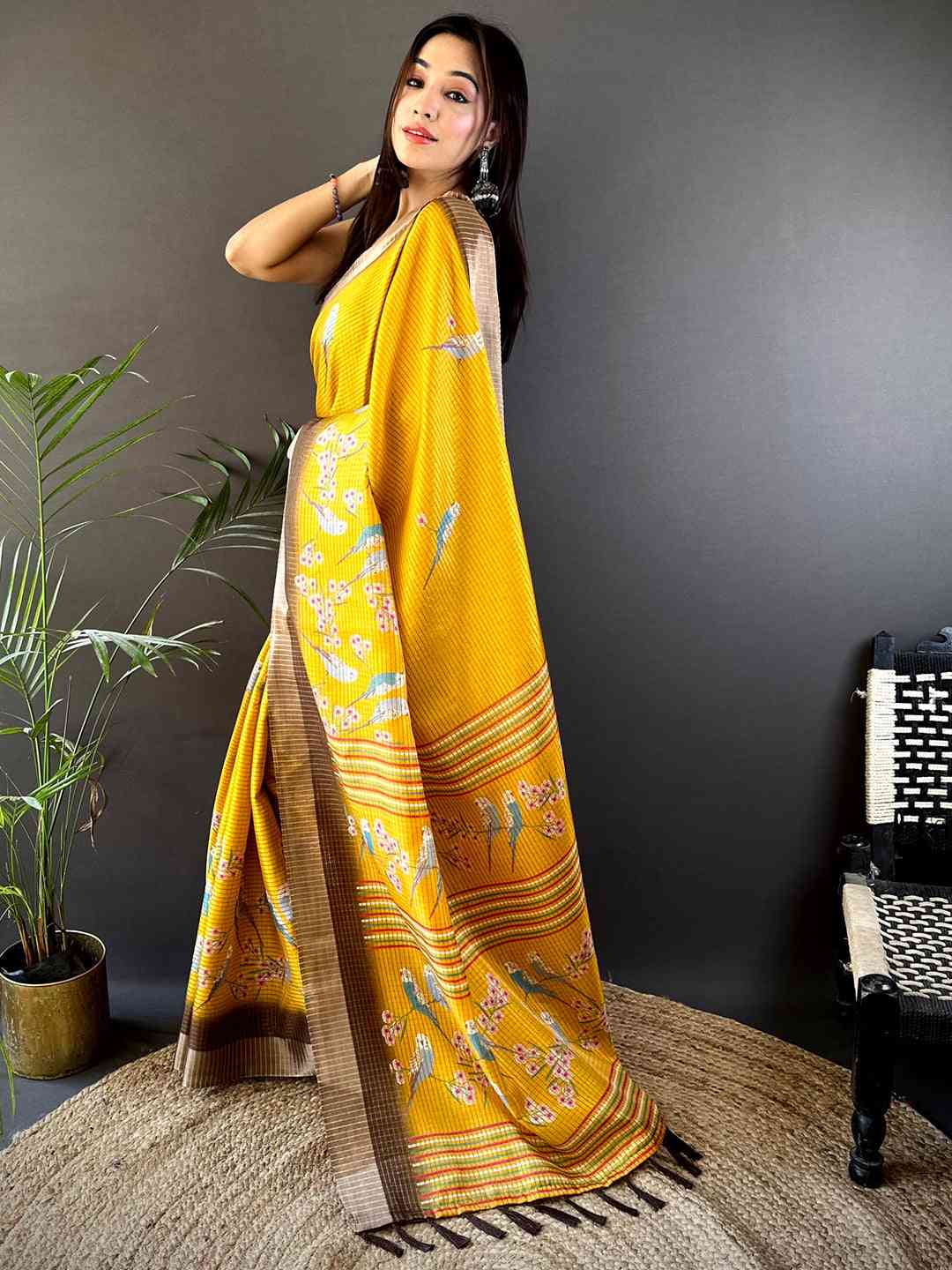 Yellow Chanderi Check Sparrow Print Saree