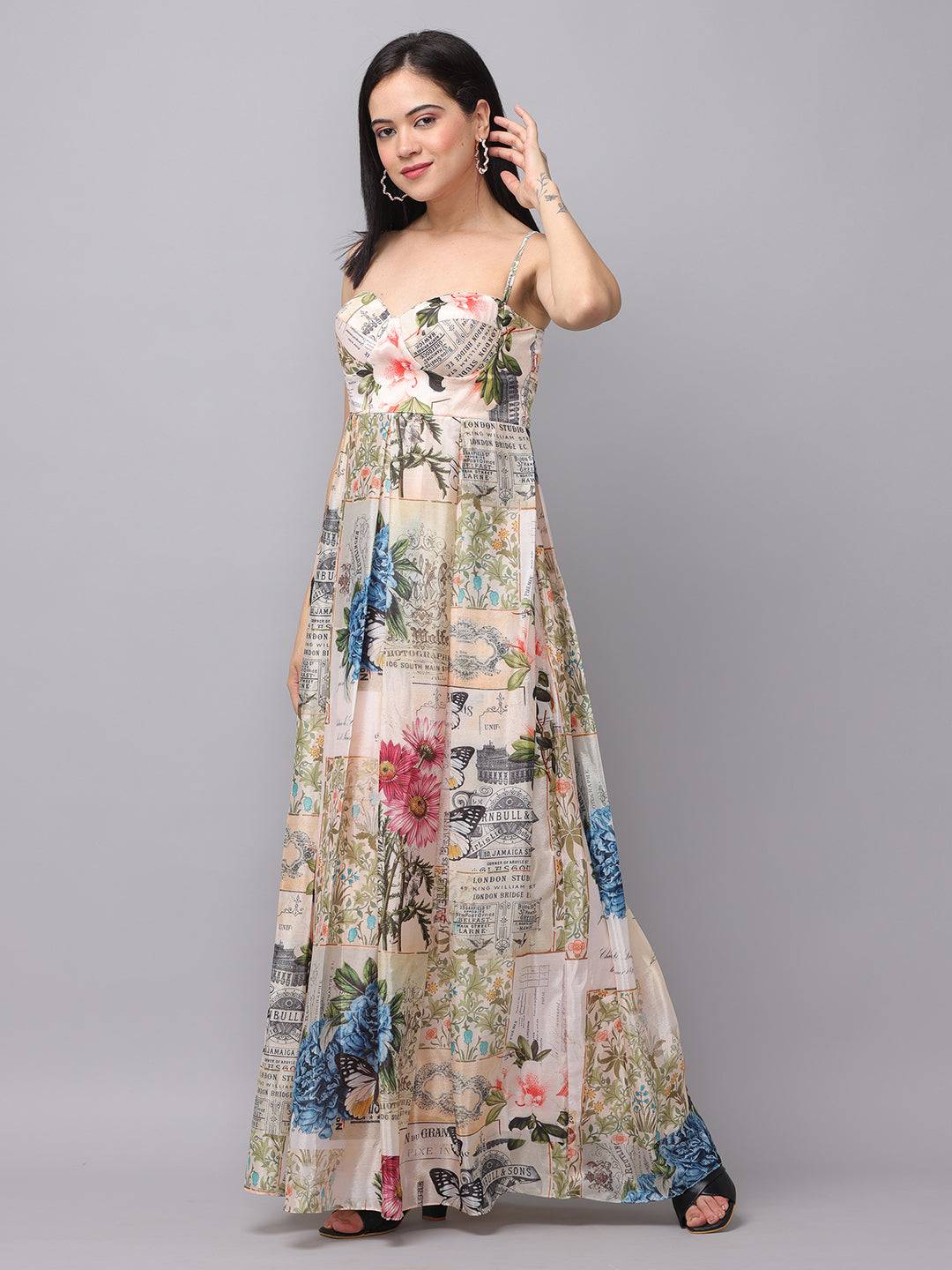 Sweetheart neck dress with vibrant floral patterns