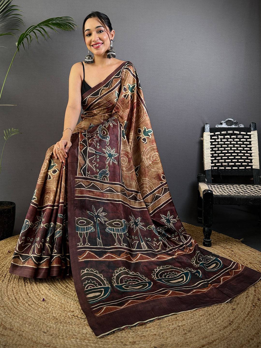 Brown Soft Dola Silk Printed Saree