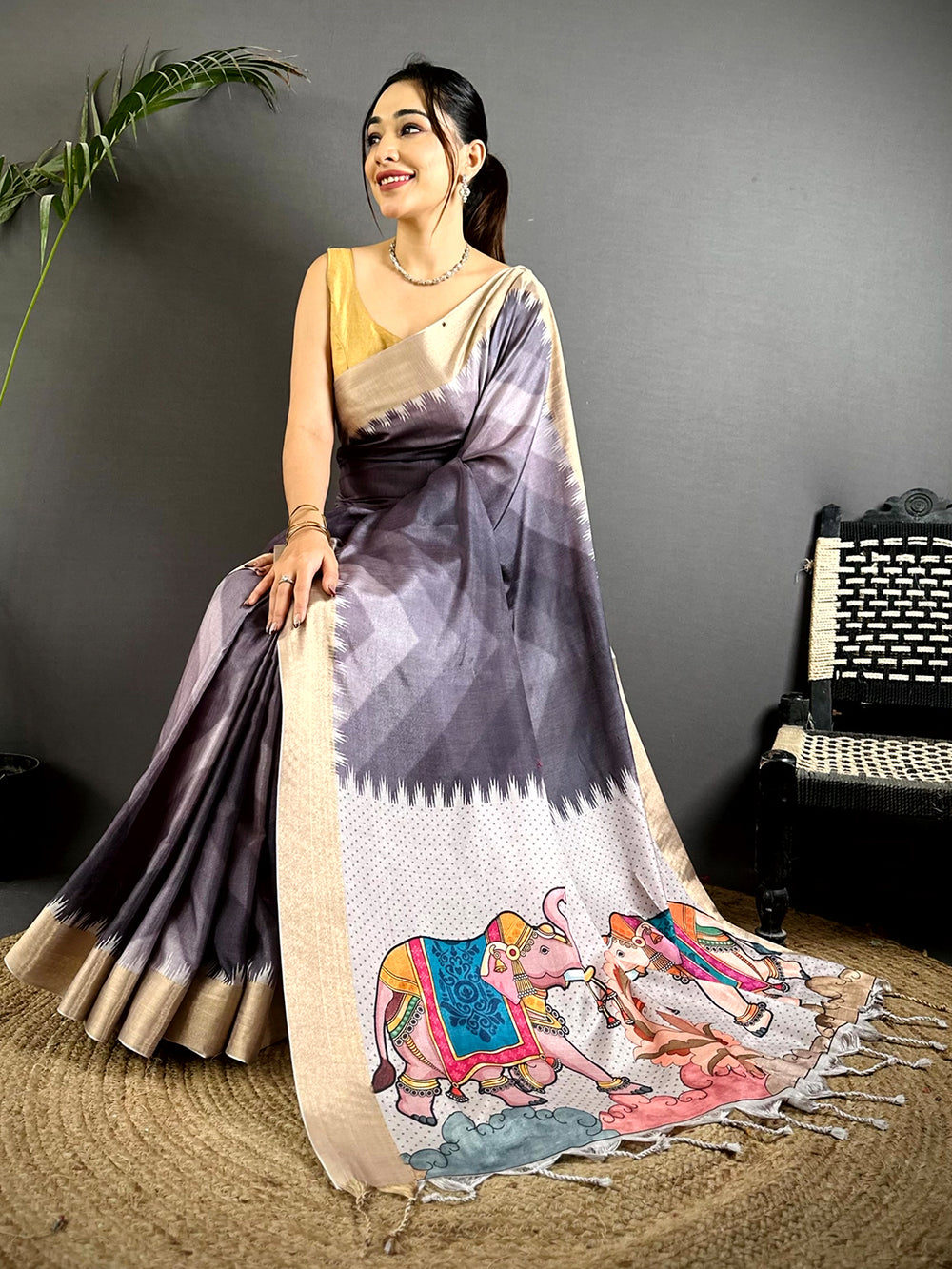 Artisanal Linen Kalamkari Pallu Saree