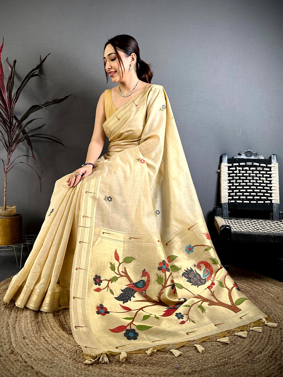 Cream Sunflower Minakari Khadi Saree