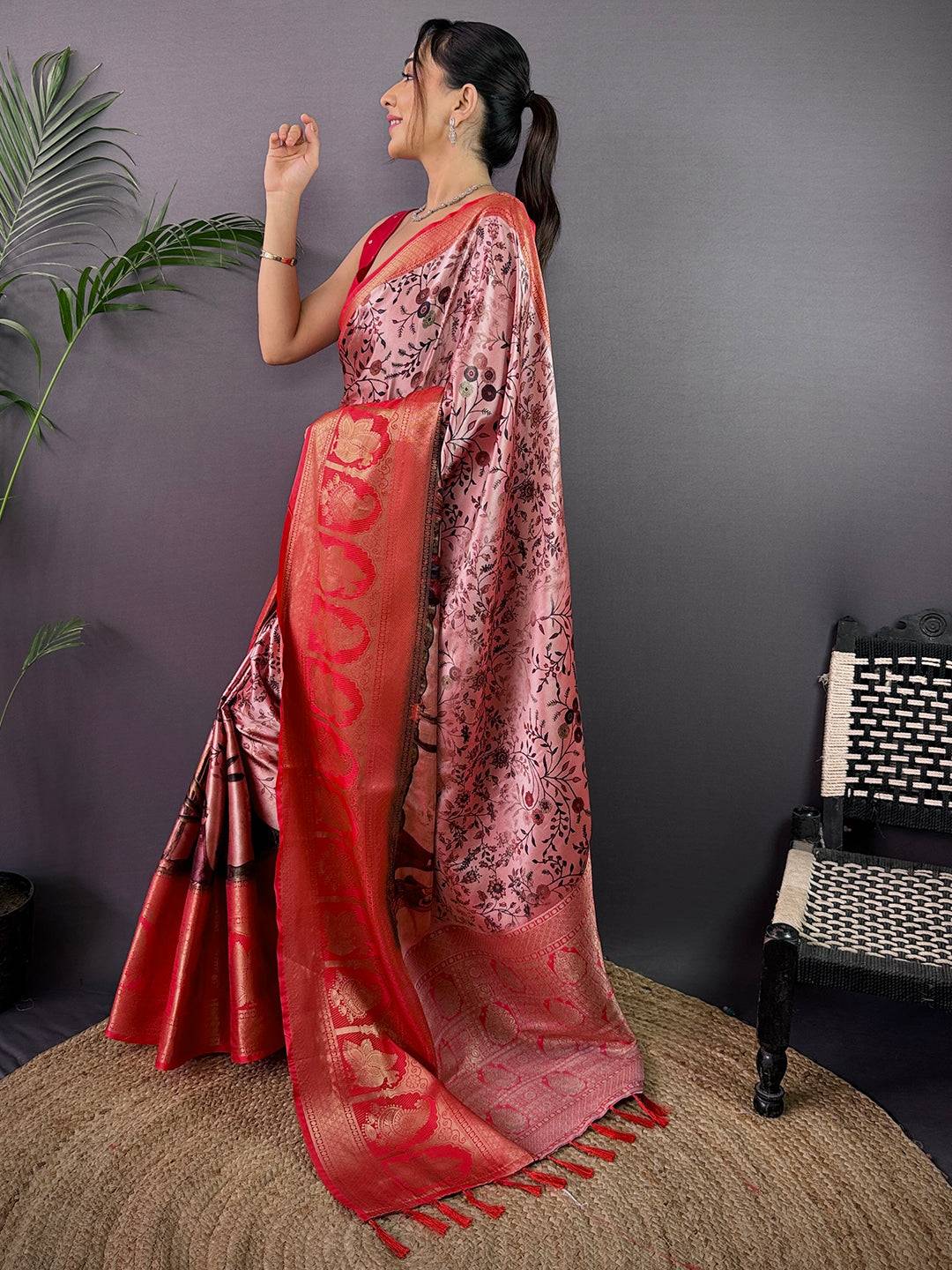 Radiant Soft Cherry Satin Kalamkari Print Saree