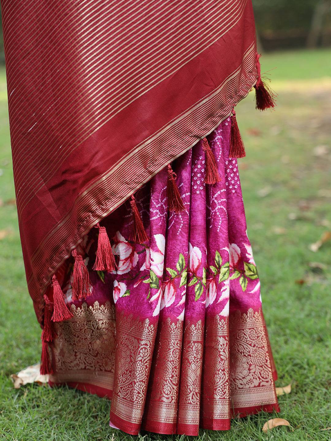 Magenta Pure Viscose Dola Silk Saree And Floral Print Border