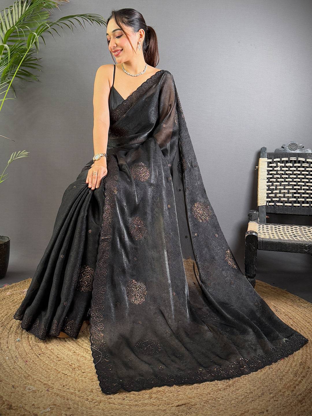 Black Art Silk Sith Embroidery Work Saree