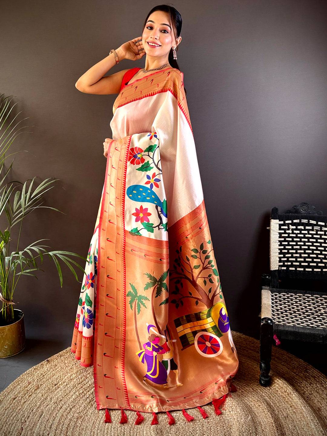 Off White Minakari Soft Silk Saree