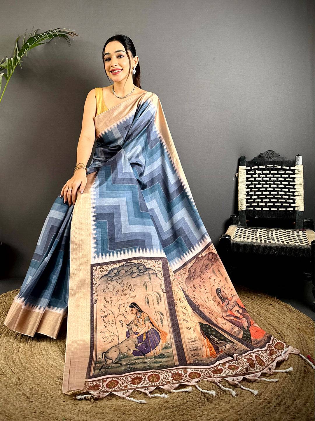 Graceful Linen Kalamkari Pallu Saree