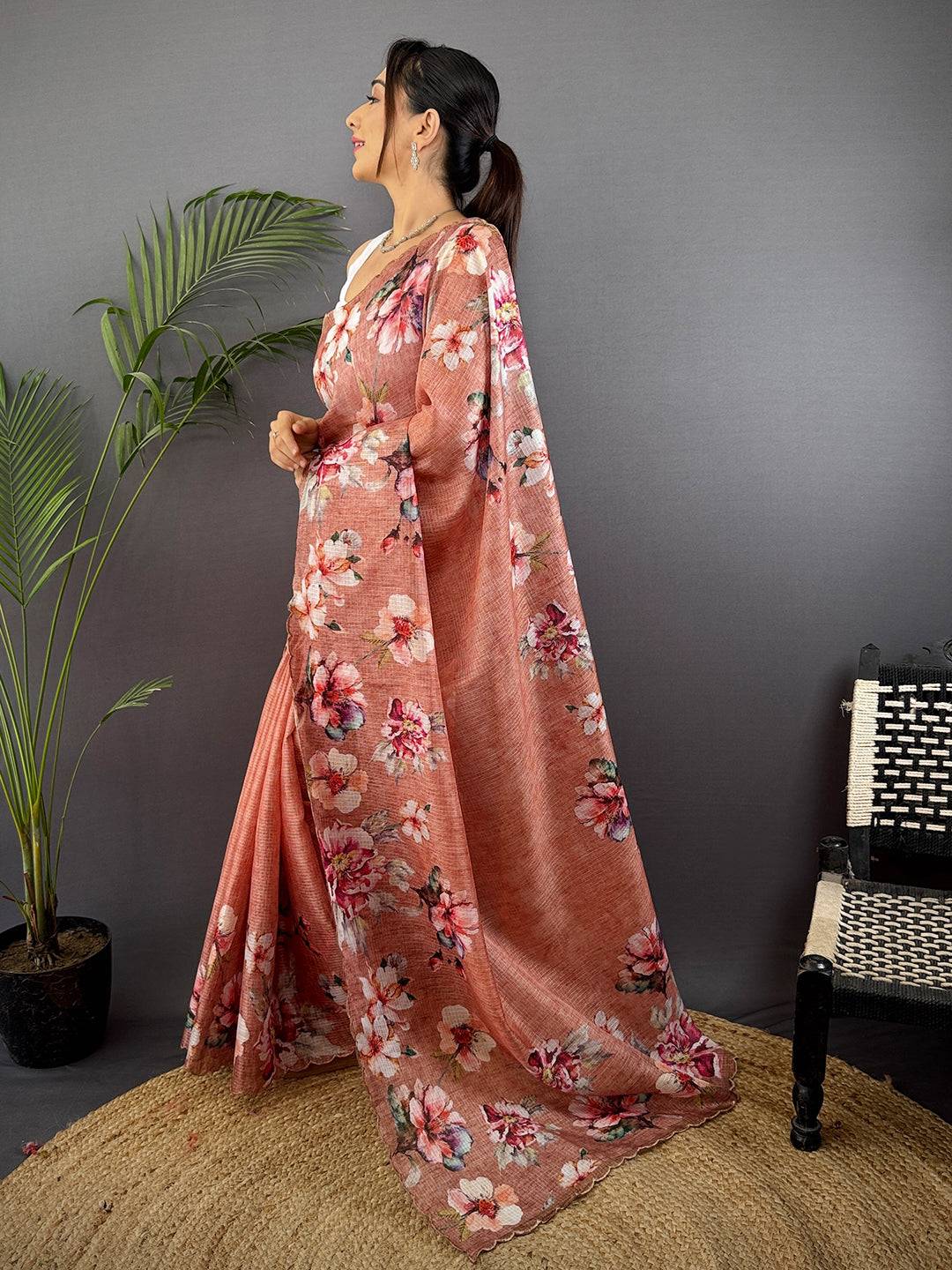 Peach Kota Doriya Floral Cut Work Saree