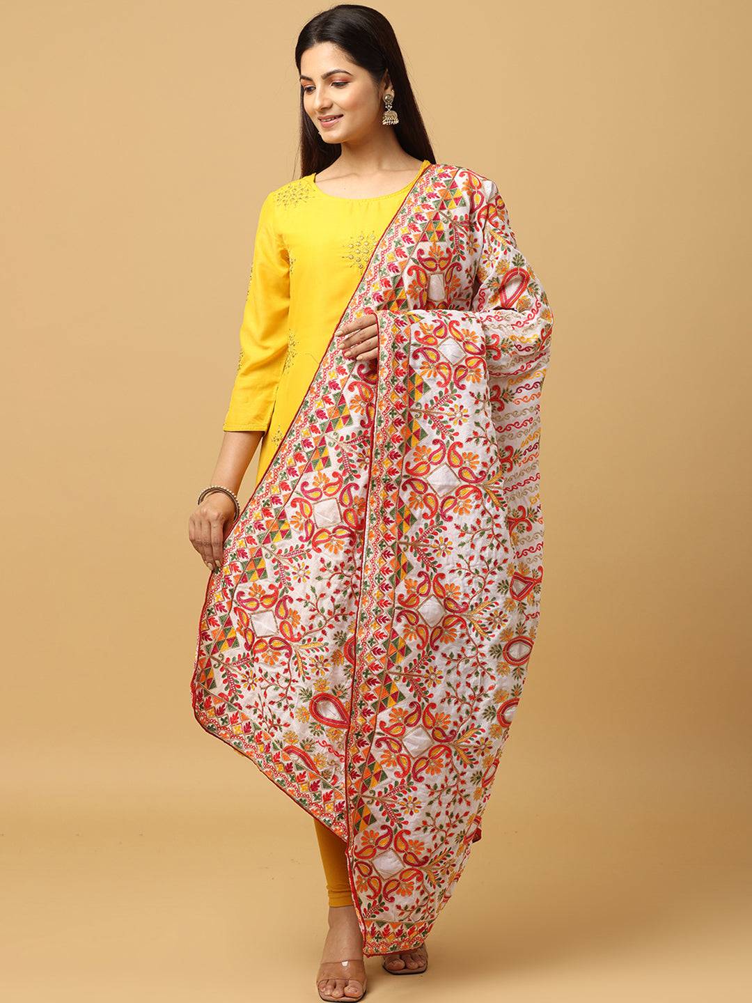 Front view of poly chiffon pashmina dupatta with motifs