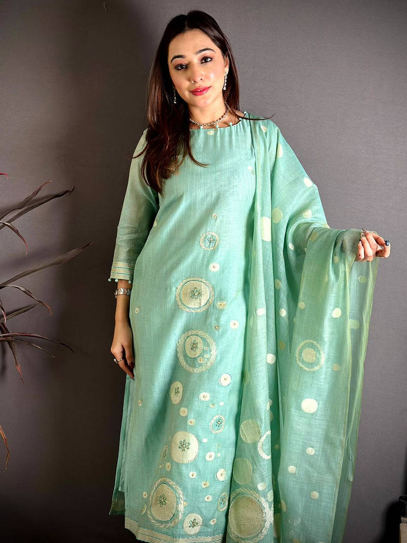 Mint Aura Floral Handwork Suit Set