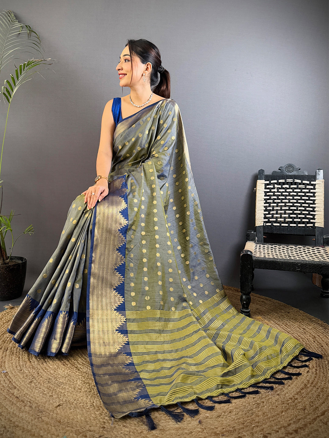 Grey Hand Dyed Raw Silk Saree