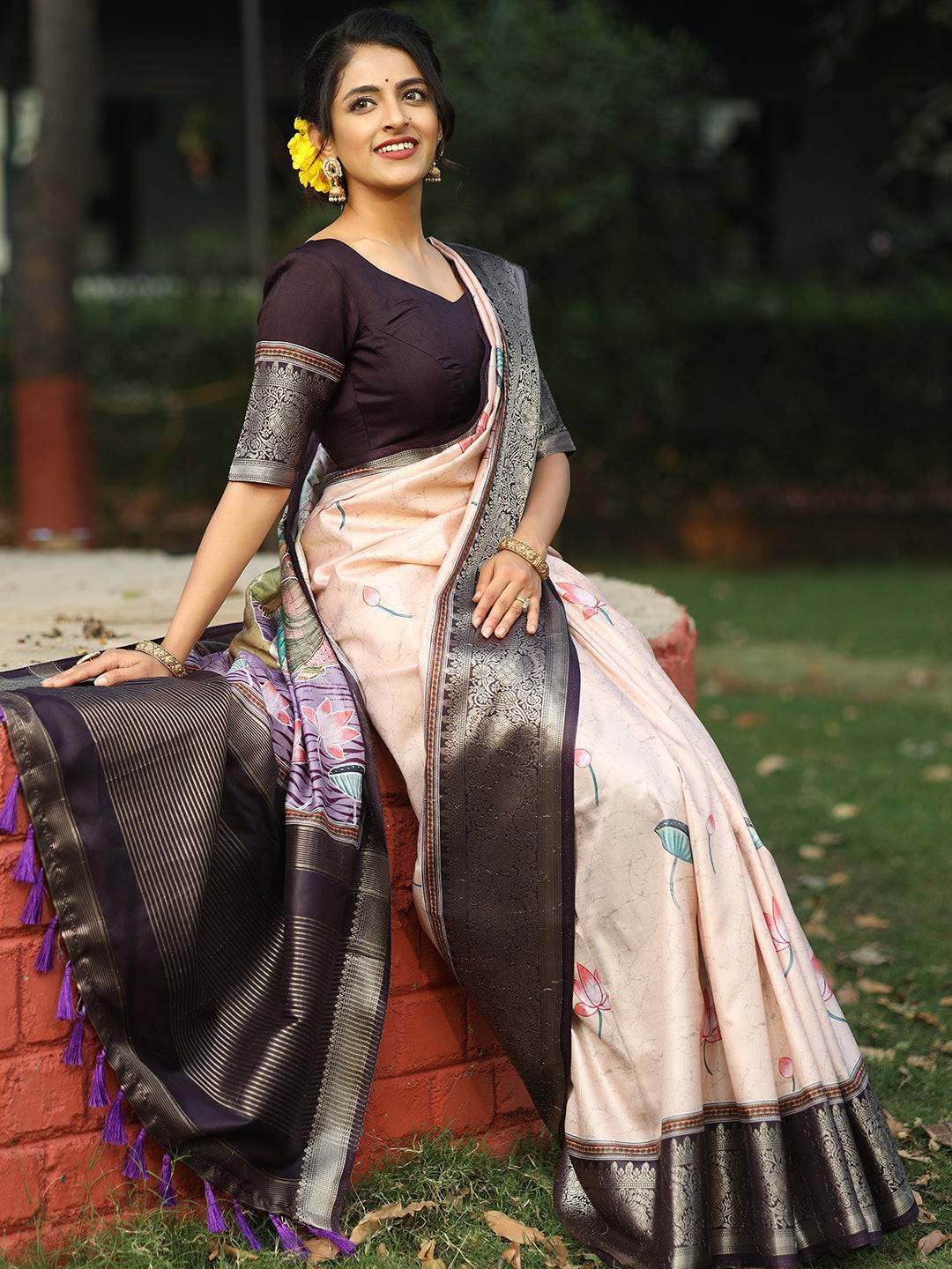 Peach Batik Pen kalamkari Saree With Zari Weaving Pallu