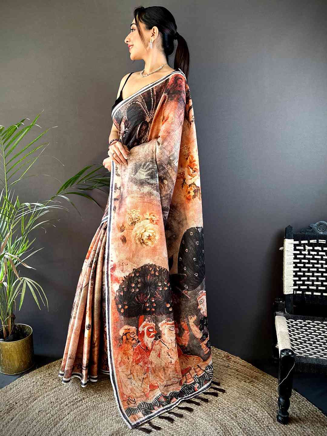 Peach Gold Zari Tussar Batik Print Saree
