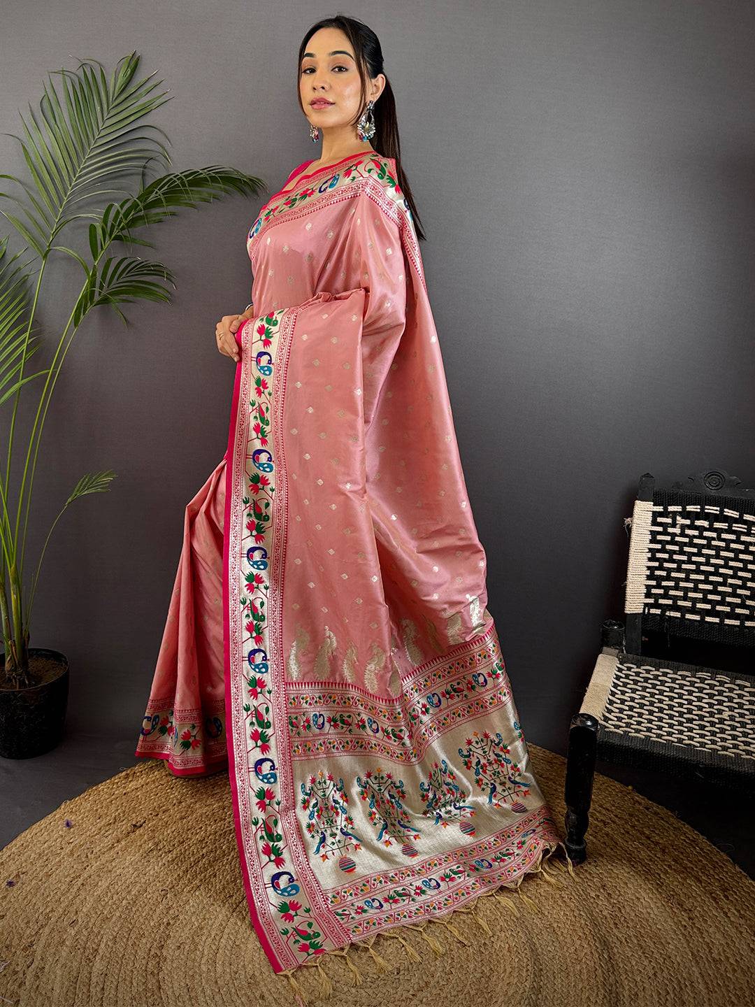 Baby Pink Soft Silk Paithani Meenakari Saree