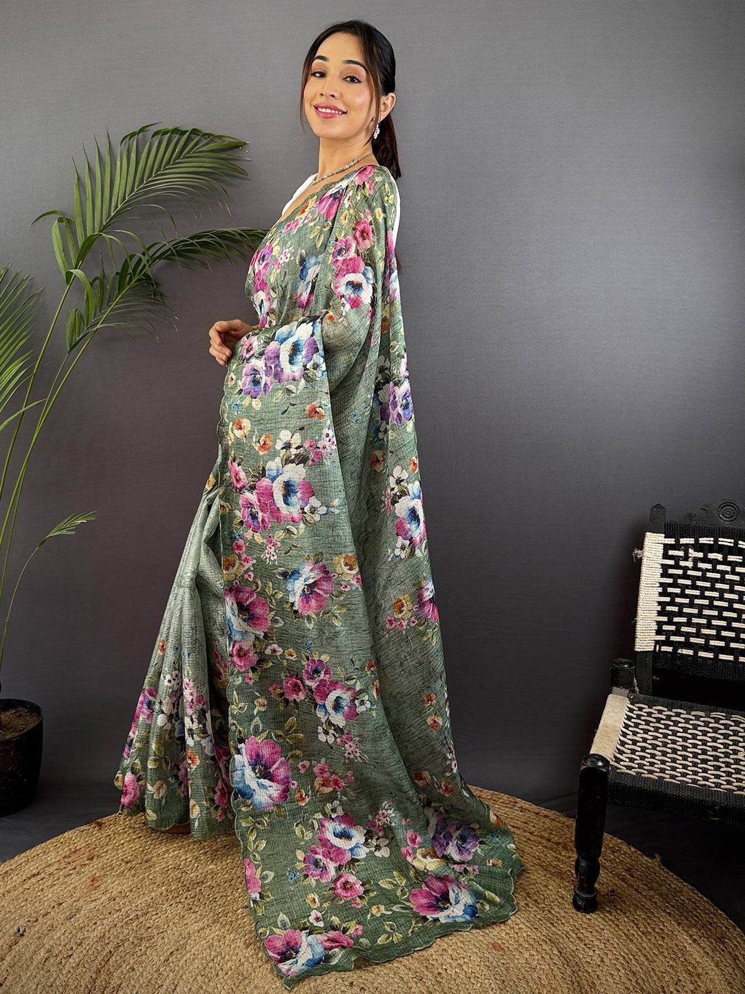 Sage Green Kota Doriya Floral Cut Work Saree