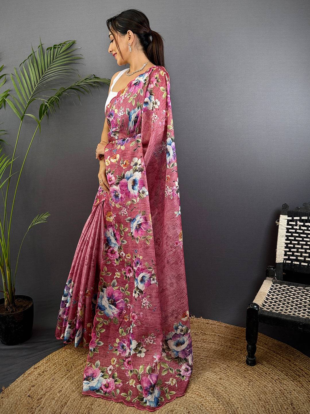 Dusty Mauve Floral Cut Work Kota Saree