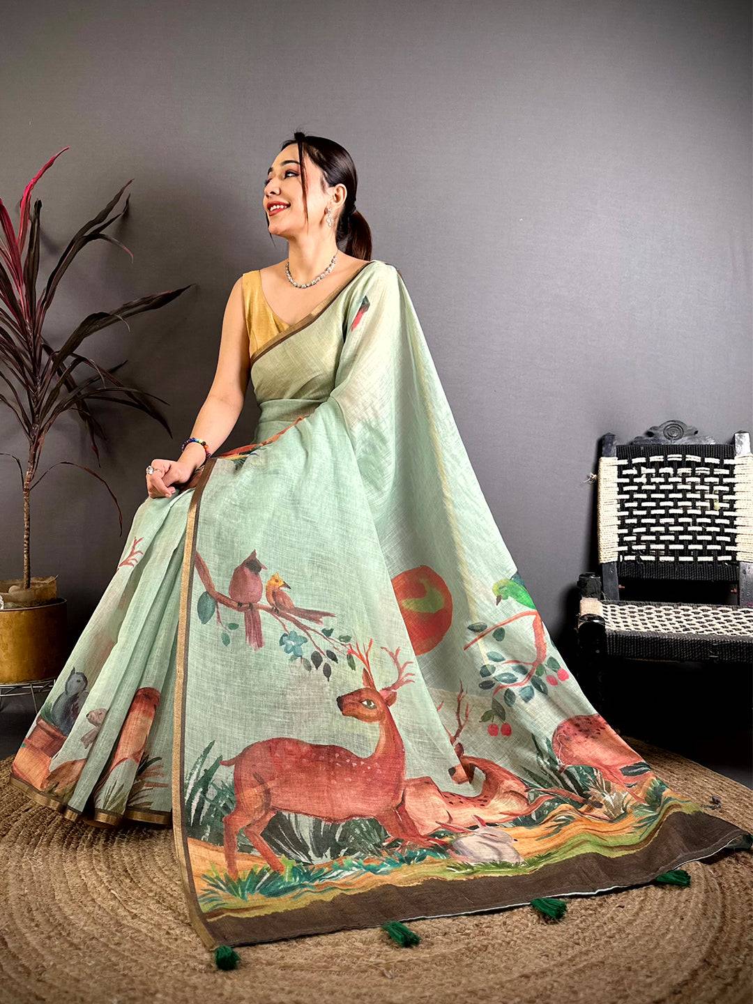 Mint Green Animal Print Linen Chanderi Saree