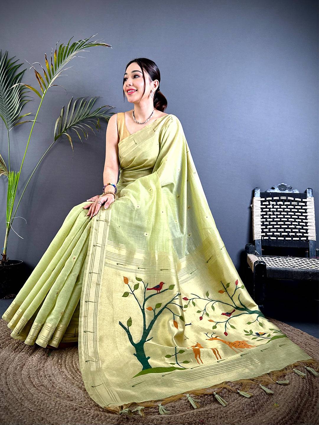 Pista Minakari Paithani Khadi Linen Saree