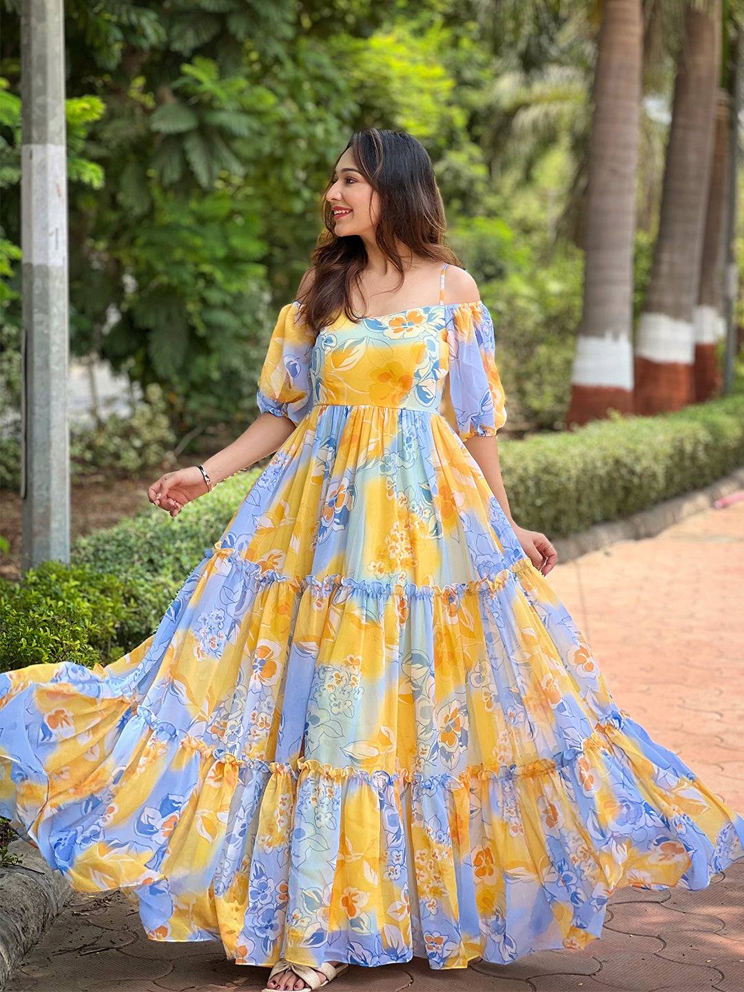 Off-shoulder Masha Yellow Floral Dress in garden