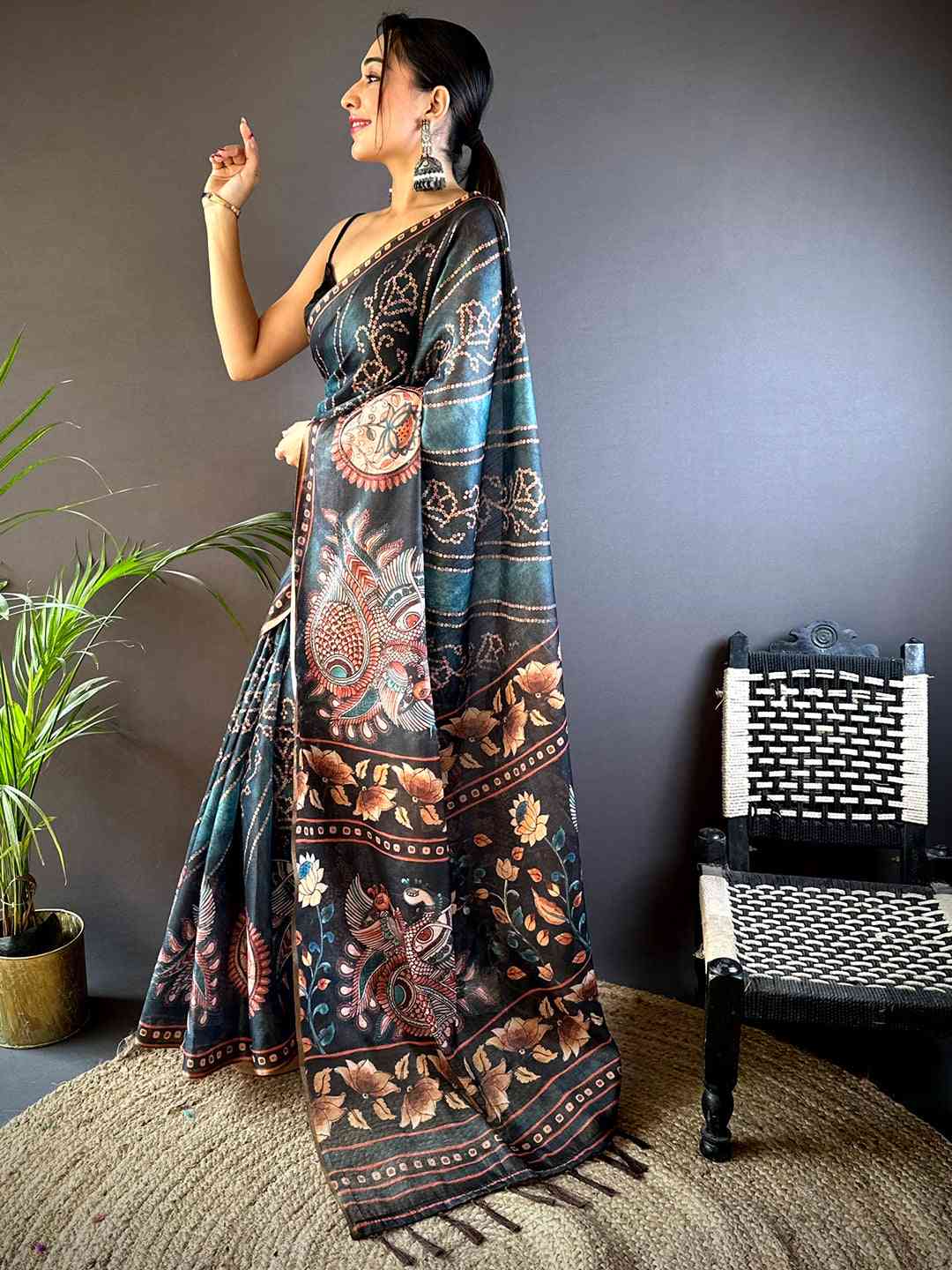 Blue Chanderi Bandhej Digital Print Saree