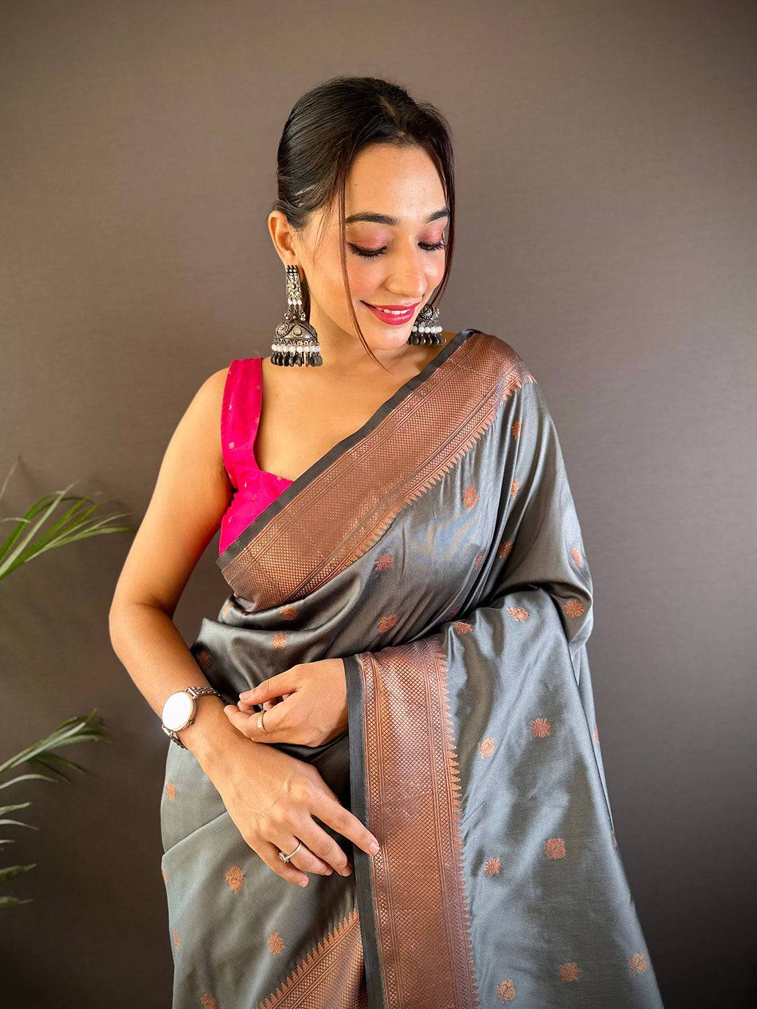Dark Grey Copper Elegance Soft Silk Saree