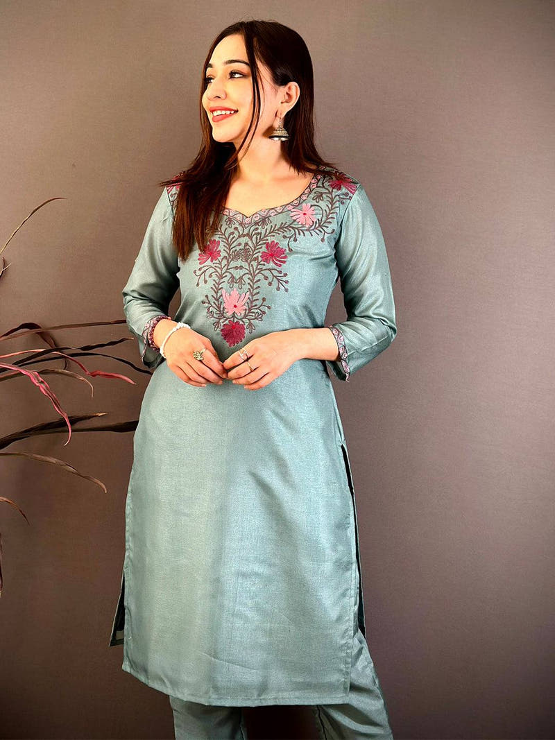 Stylish Paan Neck Ari Work Cotton Kurti