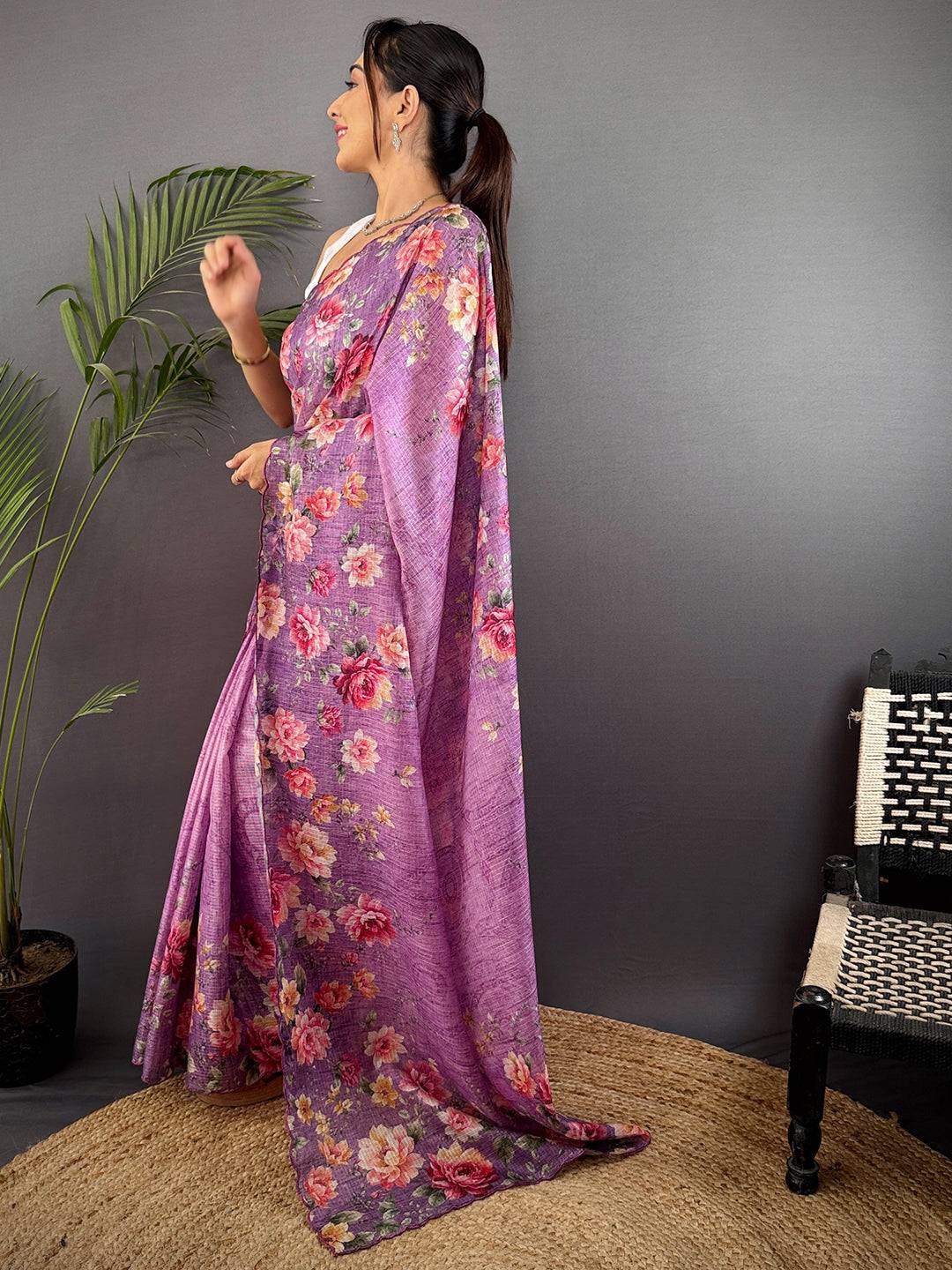 Lavender Kota Doriya Floral Cut Work Saree