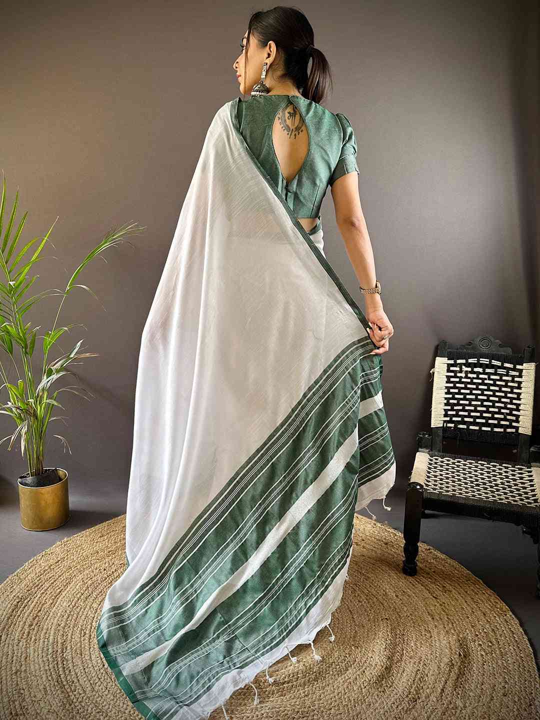 Bhagalpuri Linen Saree With Green Colour Small Patti