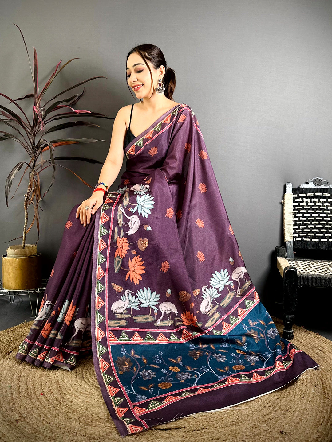 Dark Purple Kalamkari Print Tussar Saree
