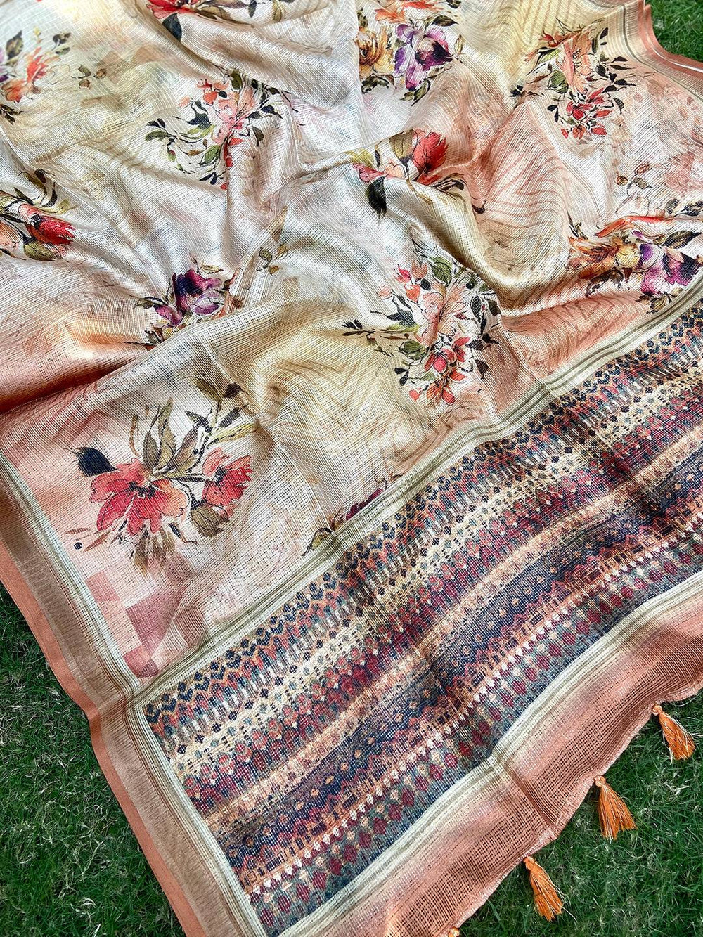 Peach Colour Soft Kota Doriya Silk Saree With Flower Print