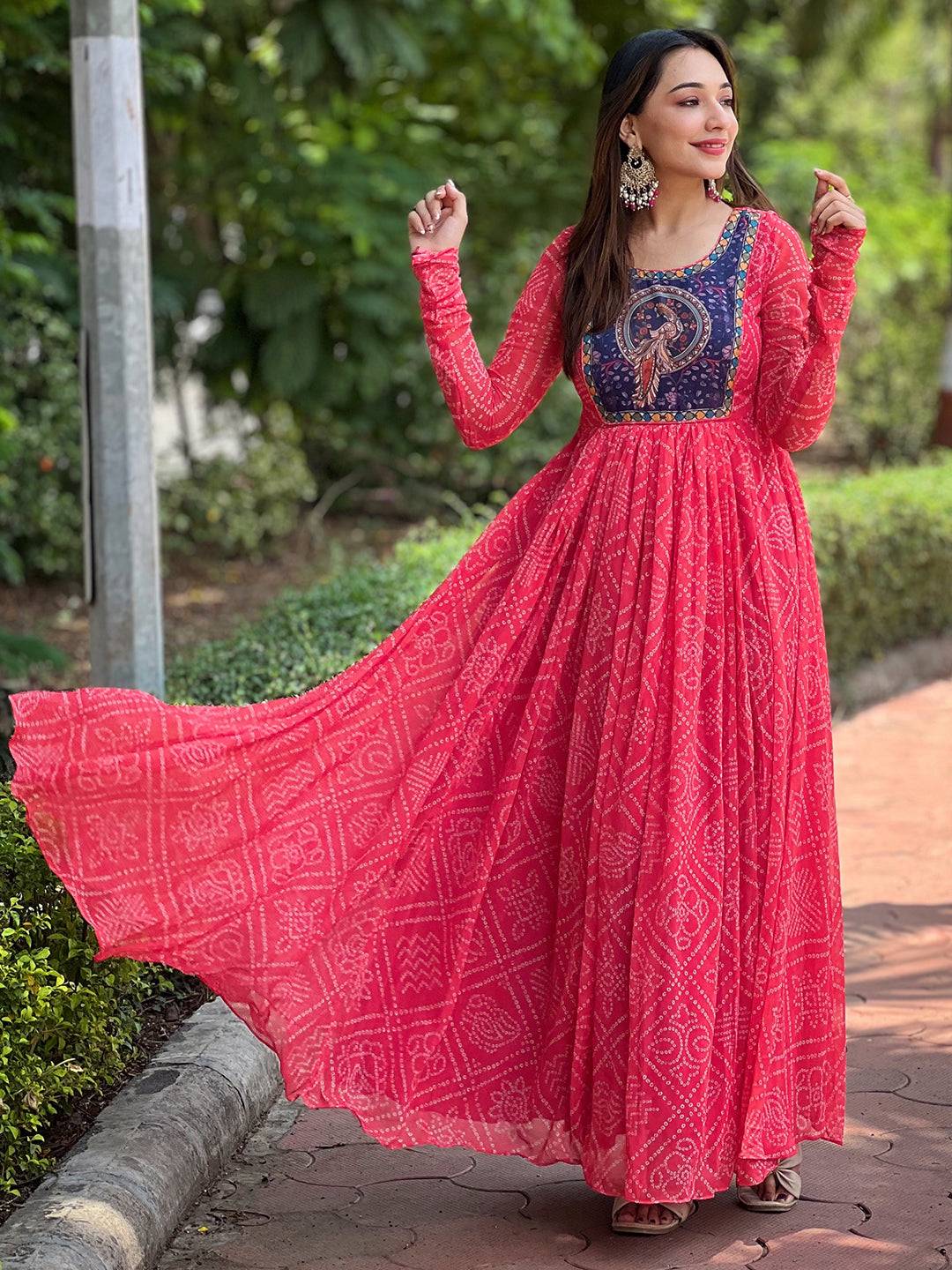 Cherry Red Bandhej Print Dress with long sleeves