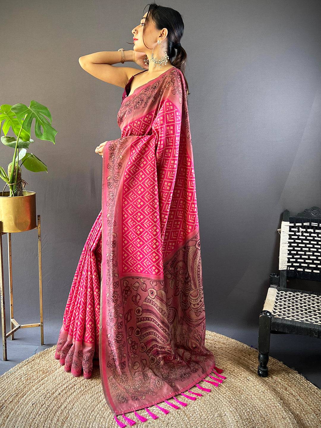 Rose Pink Patola Kalamkari Saree