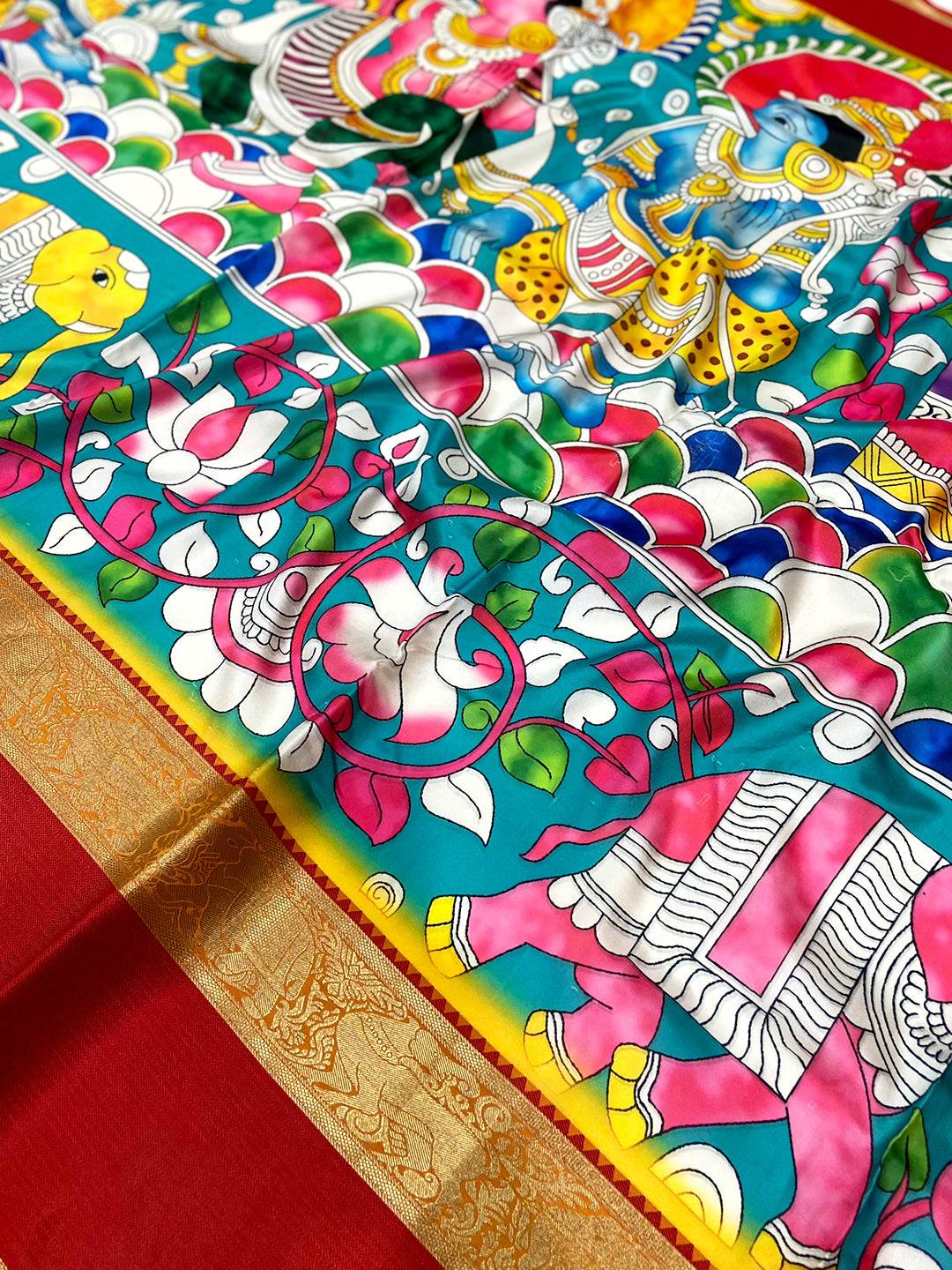 Vibrant Teal Banarasi Kalamkari Silk Saree