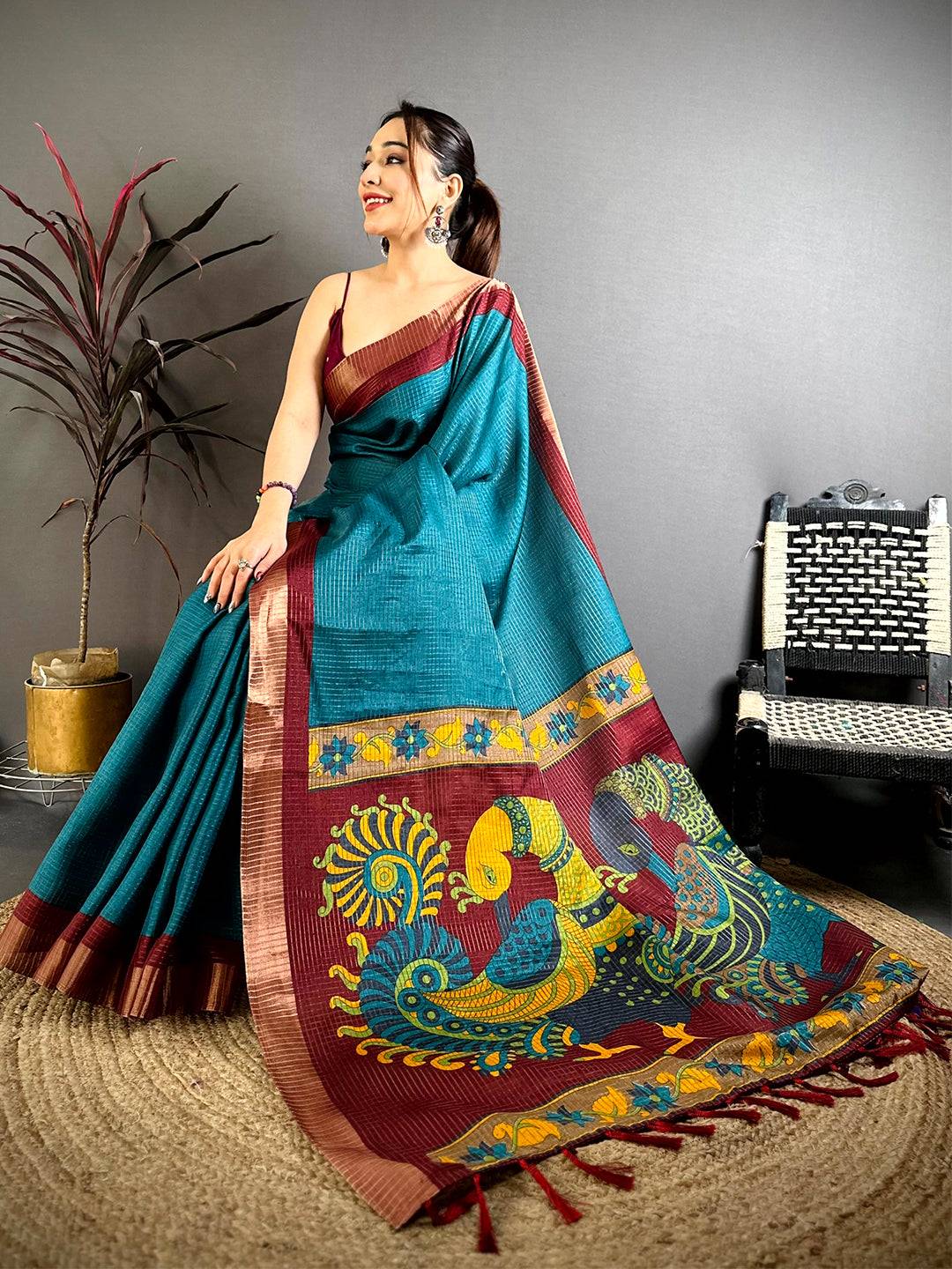Teal Tussar Zari Chex Kalamkari Saree