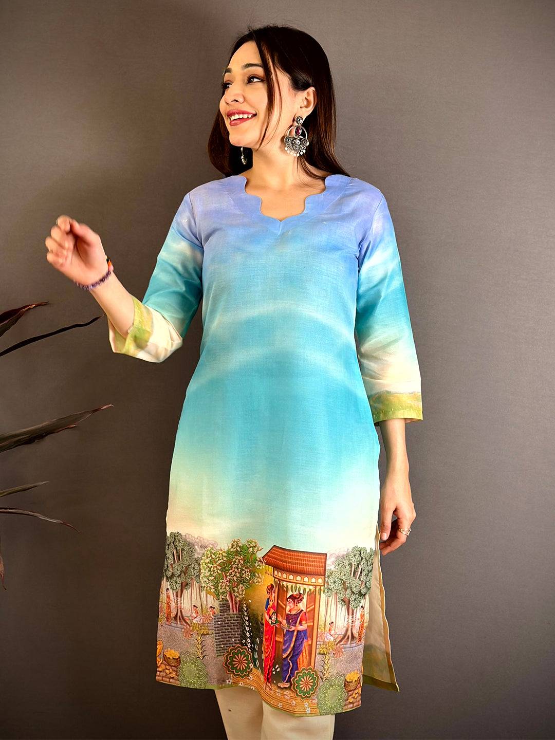 V Wave Neck Mul Cotton Kurti