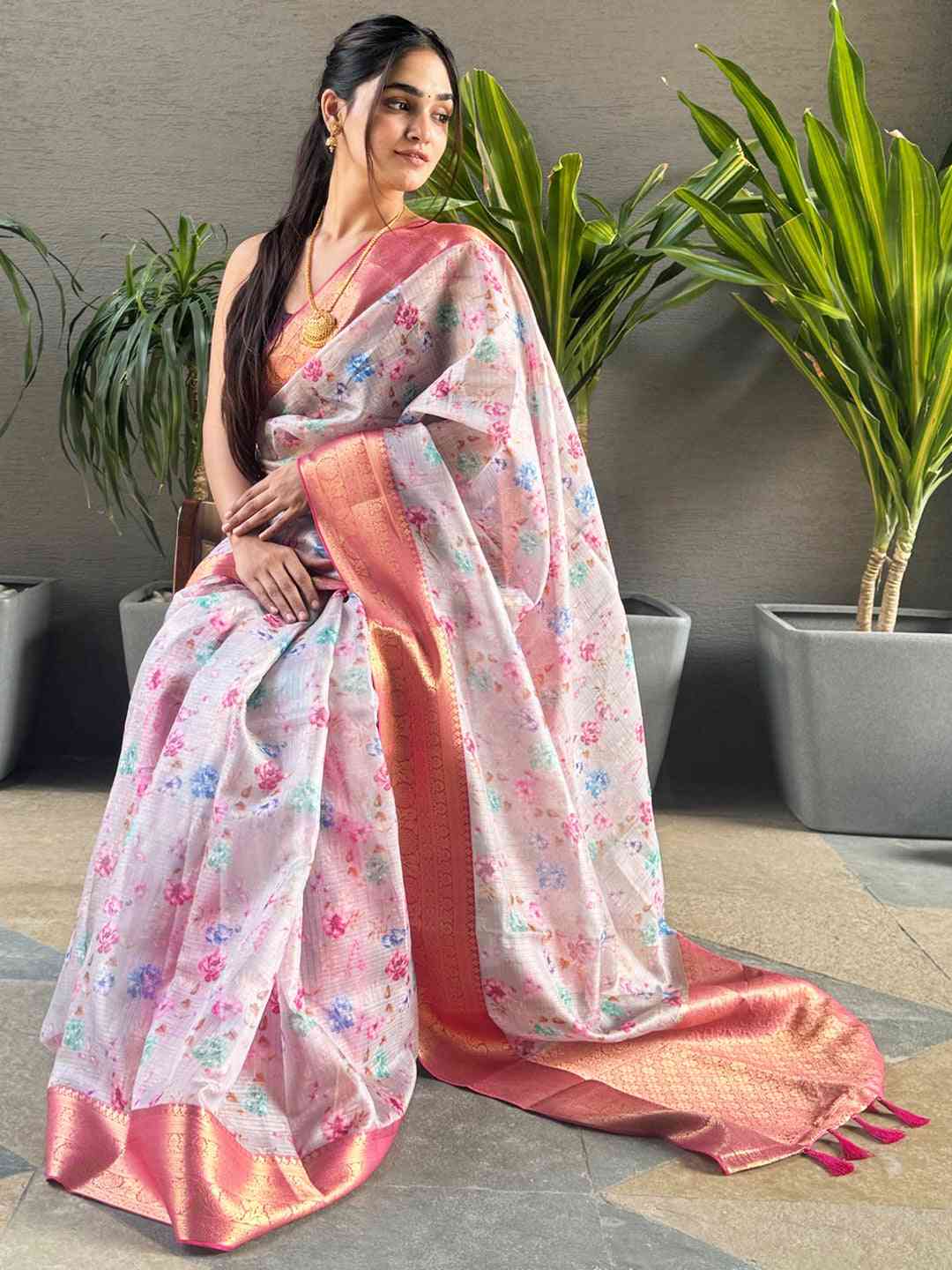 Light pink Kota silk saree with digital floral print