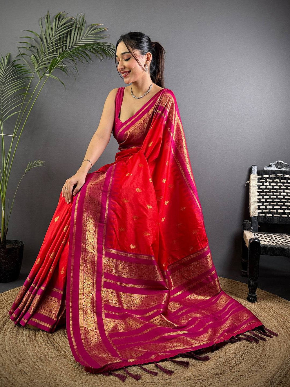 Rose Red Gadwal Border Soft Silk Saree