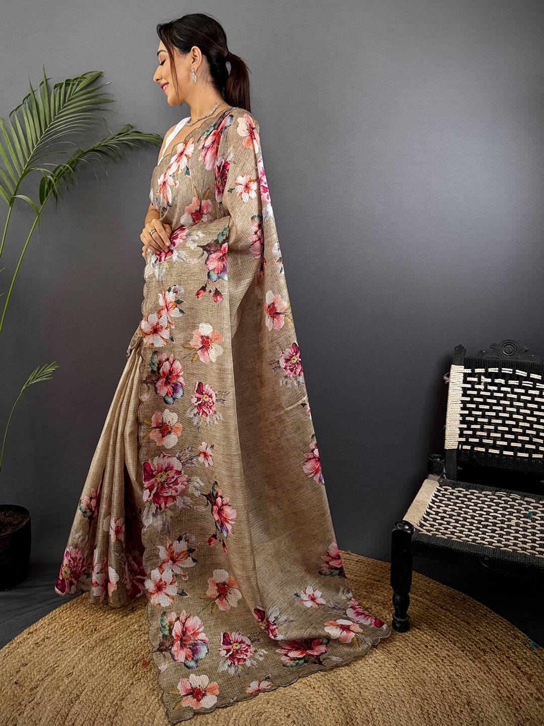 Beige Kota Floral Digital Cut Work Saree