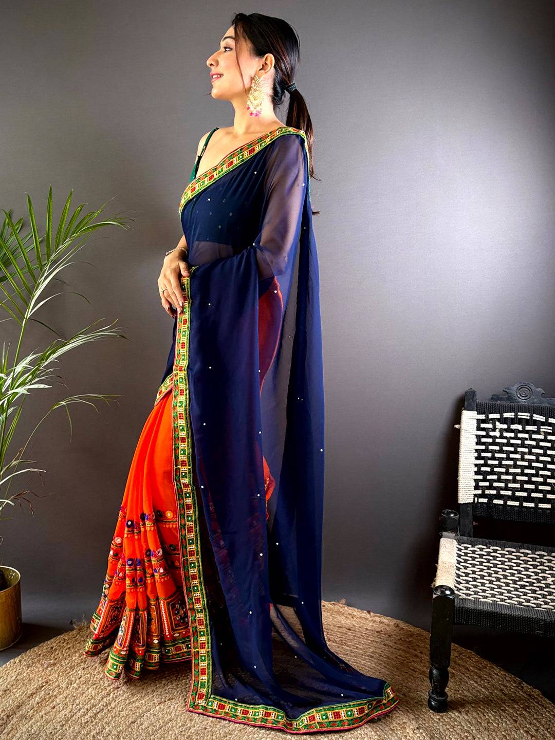 Orange Georgette Saree With Exquisite Katchi Work