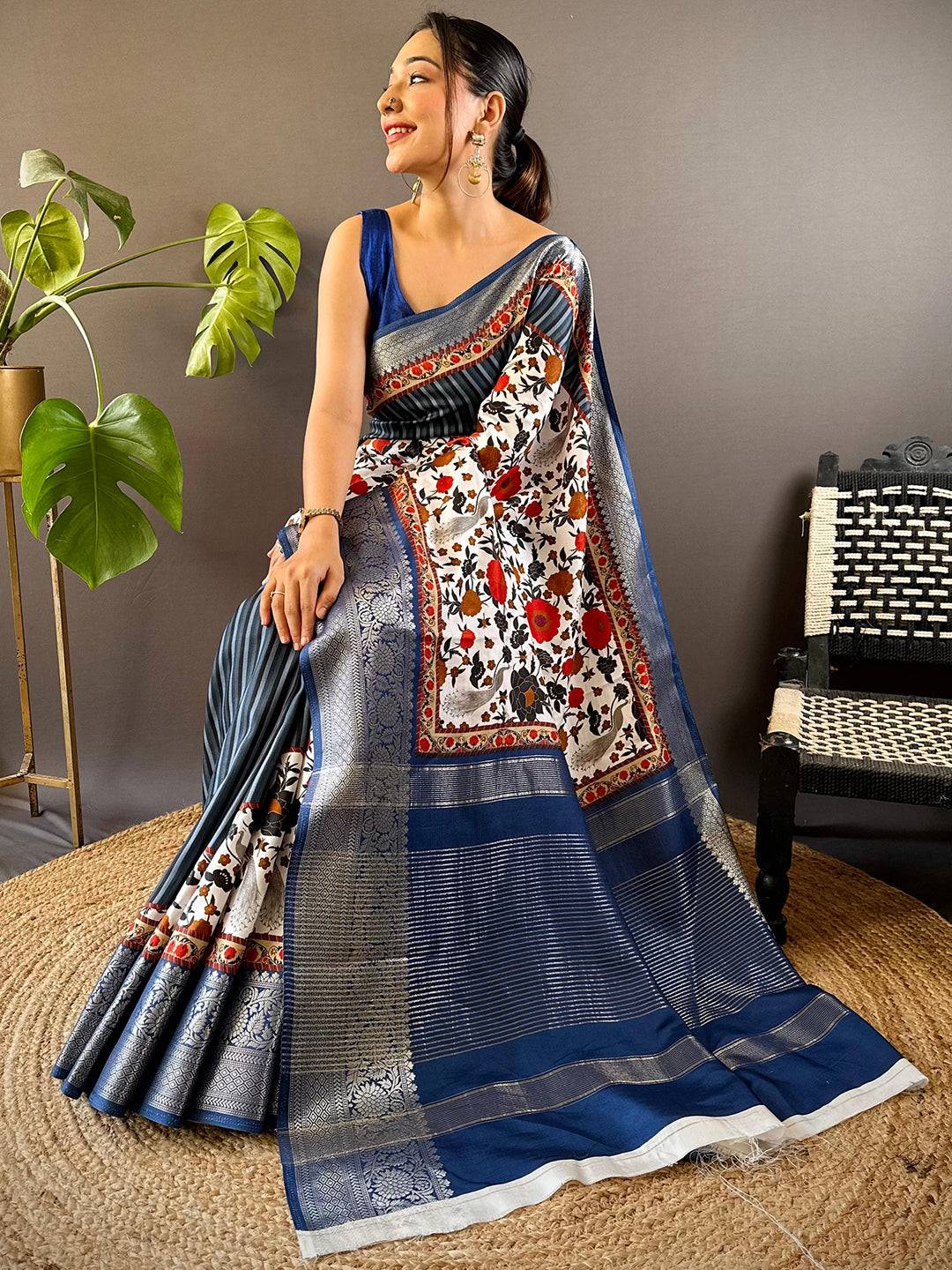 Blue Floral Peacock Fusion Saree