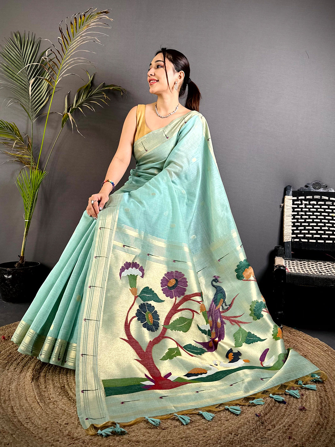Sky Blue Minakari Grace Khadi Linen Saree