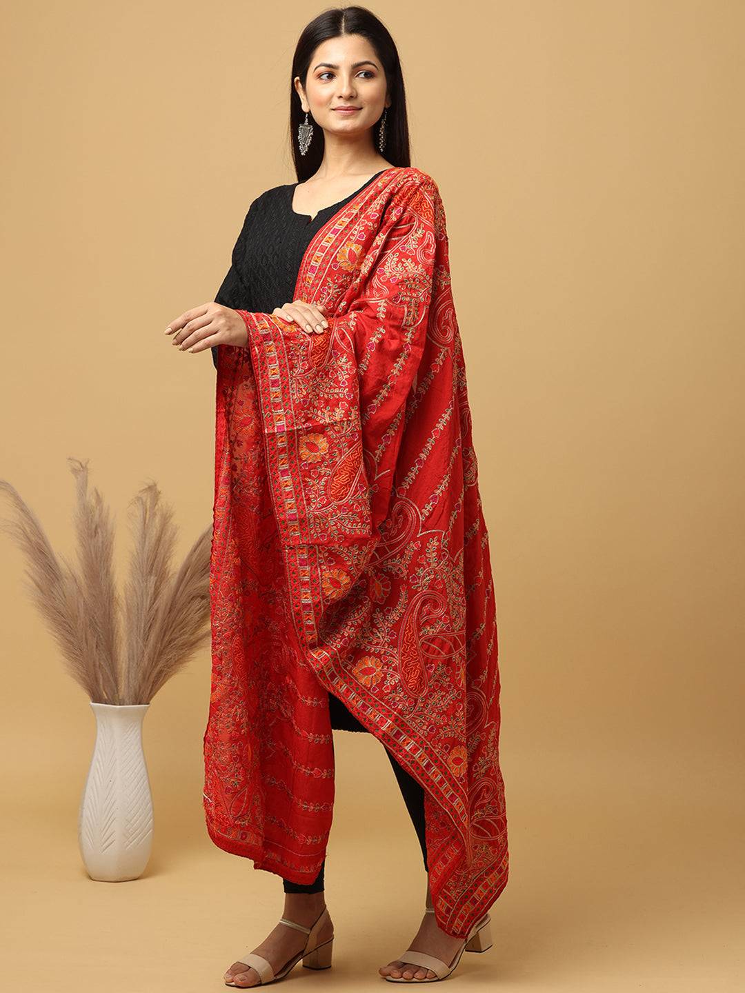 Side view of red poly chiffon pashmina dupatta