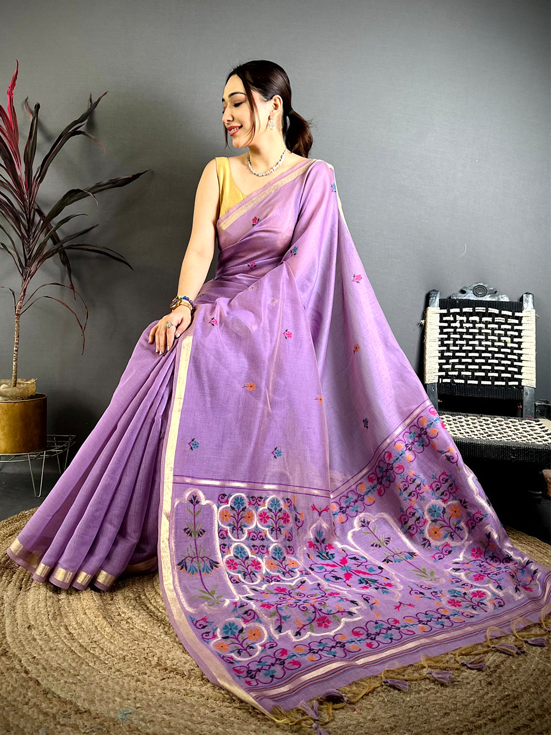 Lavender Minakari Khadi Cotton Saree