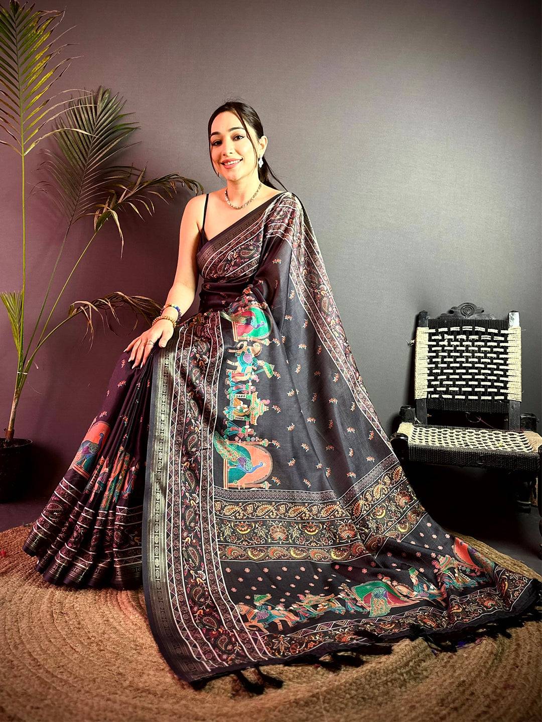 Coffee Kashmiri Kalamkari Soft Silk Saree