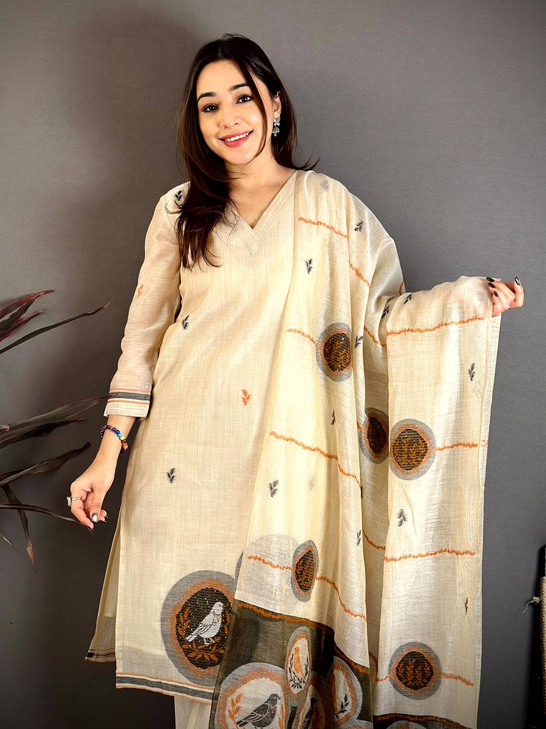 Stylish Beige Floral Cotton Dress