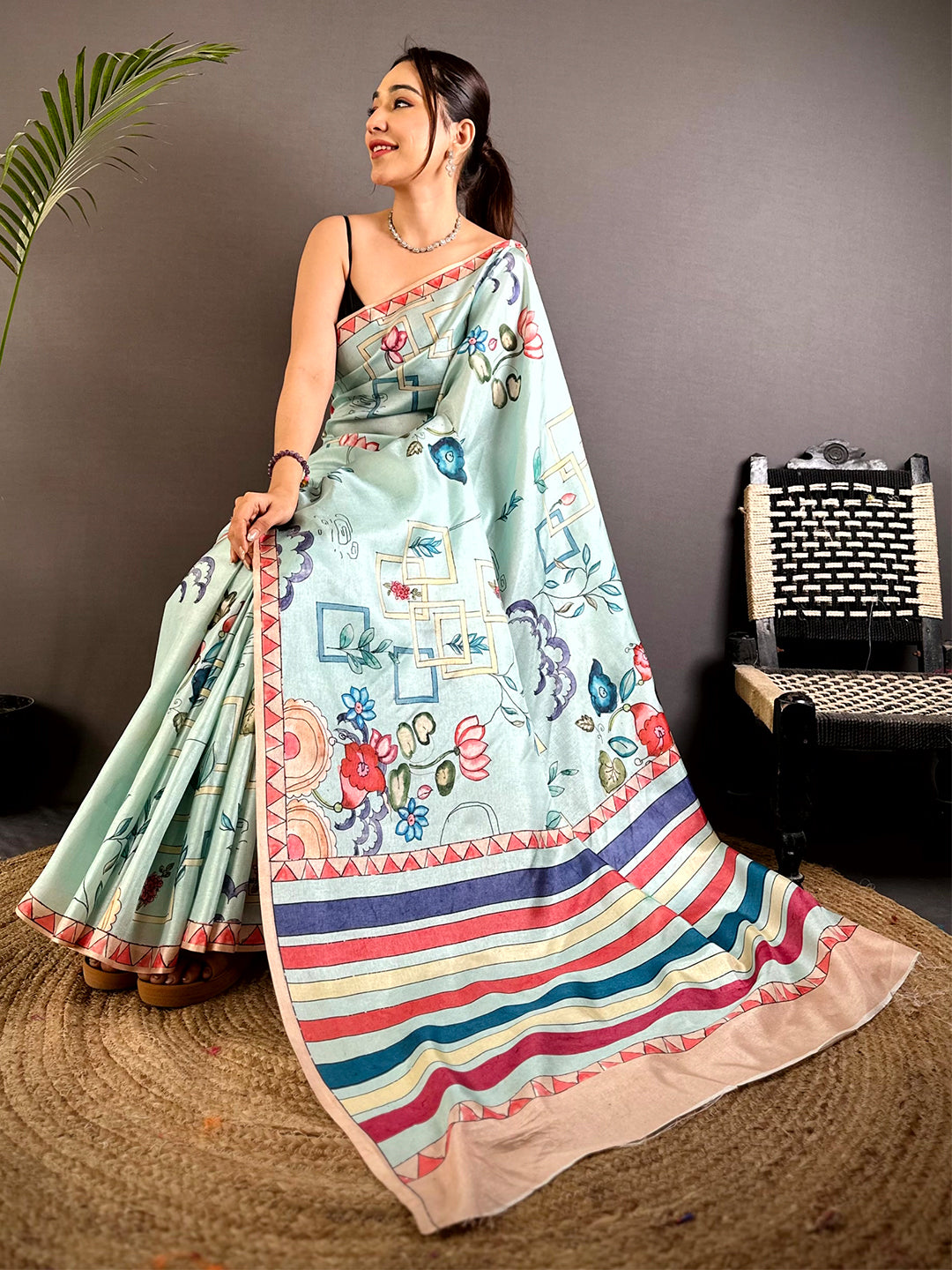 Sky Blue Semi Tussar Striped Pallu Saree