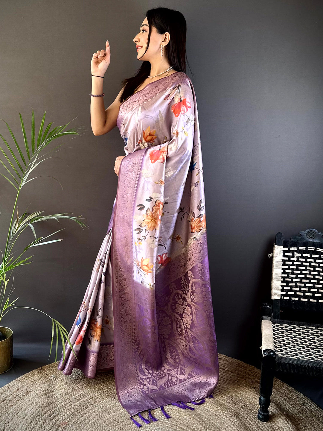 Lavender Bamboo Silk Floral Saree
